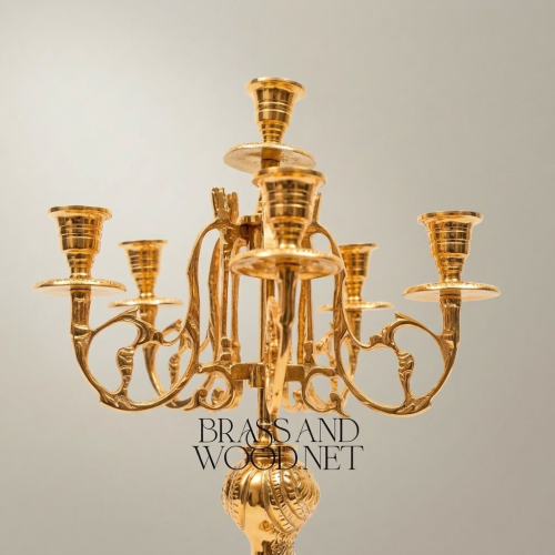 Rococo Brass Mantel Clock & 7-Arm Candelabra Set – Heavily Ornate Scrollwork Trio