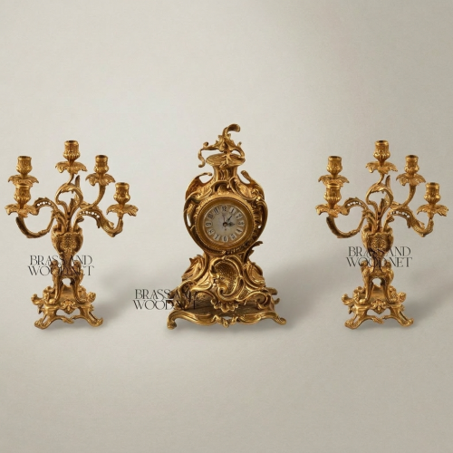 Rococo Brass Mantel Clock & Candelabra Garniture Set - Scrolling Acanthus & Rocaille Cartouche