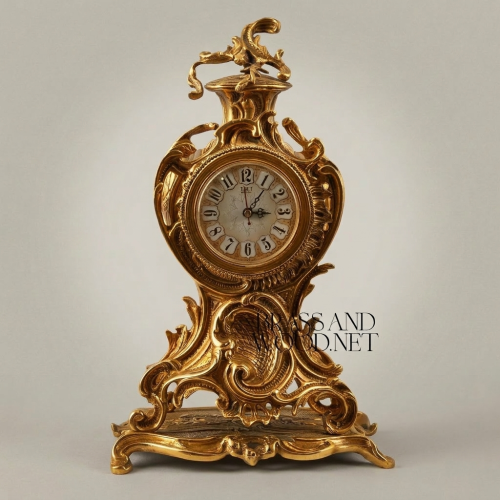 Rococo Brass Mantel Clock & Candelabra Garniture Set - Scrolling Acanthus & Rocaille Cartouche