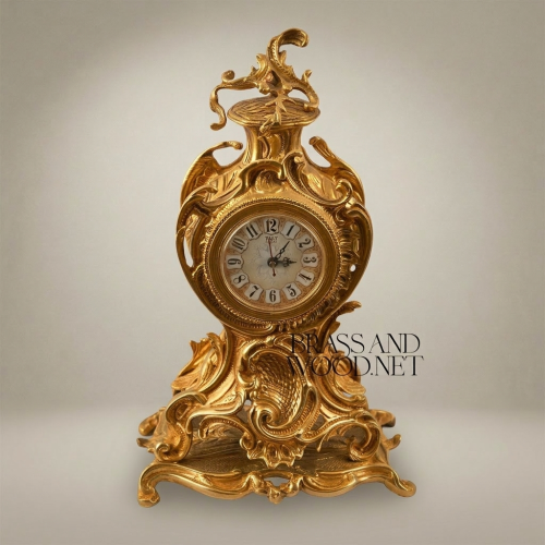 Rococo Brass Mantel Clock with Openwork Scrolls & Floral Finial