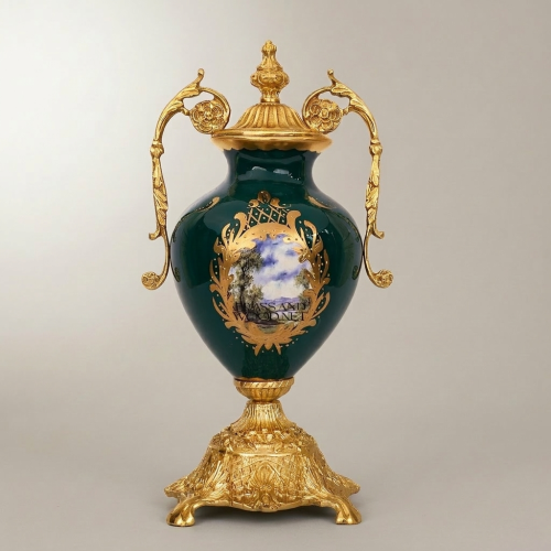 Rococo Brass-Mounted Ceramic Lidded Urn Vase with Hand-Painted Landscape Medallion