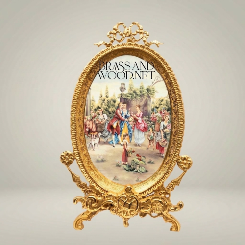 Rococo Brass Oval Decorative Plate Stand with Fête Galante Scene & Ribbon Crest