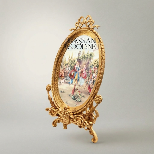 Rococo Brass Oval Decorative Plate Stand with Fête Galante Scene & Ribbon Crest