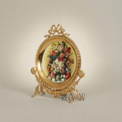 Rococo Brass Oval Decorative Plate Stand with Floral Art Print & Bow Crest