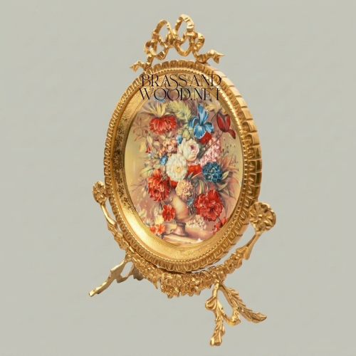 Rococo Brass Oval Decorative Plate on Stand Hand-Painted Floral Bouquet Ribbon Crown Brass and Wood Gold Front | Brass & Wood