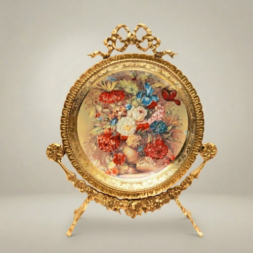 Rococo Brass Oval Decorative Plate on Stand Hand-Painted Floral Bouquet Ribbon Crown Brass and Wood Gold Front | Brass & Wood