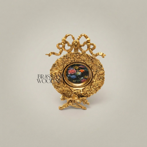 Rococo Oval Brass Display Plate with Bow Crest and Hand-Painted Floral Ceramic Medallion on Stand Gold Front | Brass & Wood