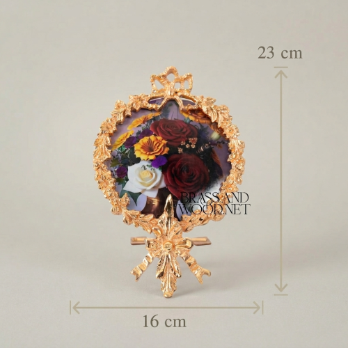 Rococo Brass Oval Photo Frame Acanthus Wreath Ribbon Crown Easel Stand Brass and Wood Gold Front | Brass & Wood