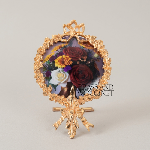 Rococo Brass Oval Photo Frame Acanthus Wreath Ribbon Crown Easel Stand Brass and Wood Gold Front | Brass & Wood