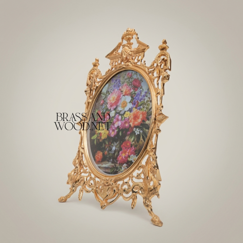 Rococo Brass Oval Picture Frame with Pierced Scrollwork & Pediment Crest