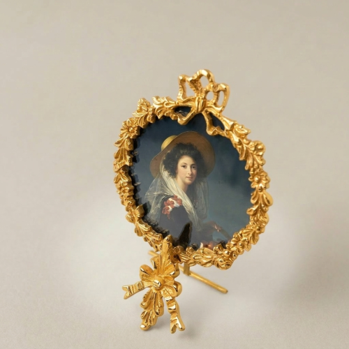 Rococo Brass Oval Portrait Frame Acanthus Wreath Ribbon Crown Easel Stand Brass and Wood Gold Front | Brass & Wood