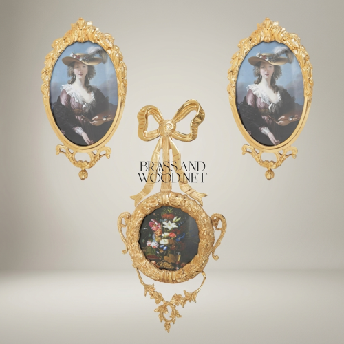Rococo Brass Oval Portrait Frame Set with Bow Pendant and Floral Round Frame Three Piece Wall Collection Brass and Wood Gold Front | Brass & Wood