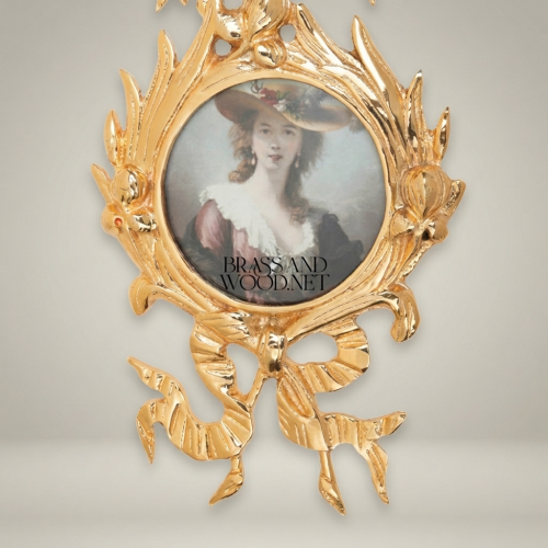 Rococo Brass Oval Portrait Frame Set with Ribbon Bow and Foliate Cascade Wall Decor Brass and Wood Gold Front | Brass & Wood