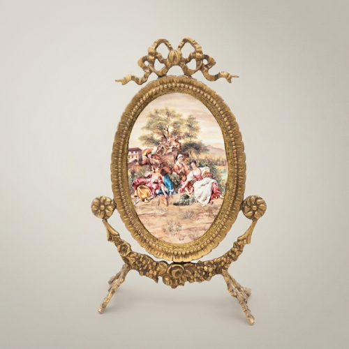 Rococo Brass Oval Stand Frame with Bow Crest & Hand-Painted Pastoral Scene