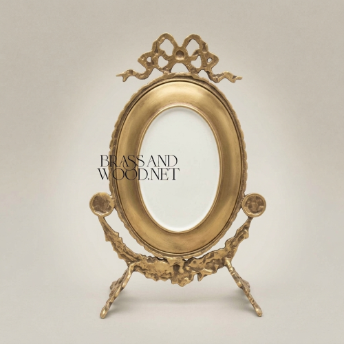 Rococo Brass Oval Stand Frame with Bow Crest & Hand-Painted Pastoral Scene