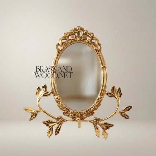 Rococo Oval Brass Vanity Mirror Ornate Acanthus Branch Stand Brass and Wood Gold Front | Brass & Wood