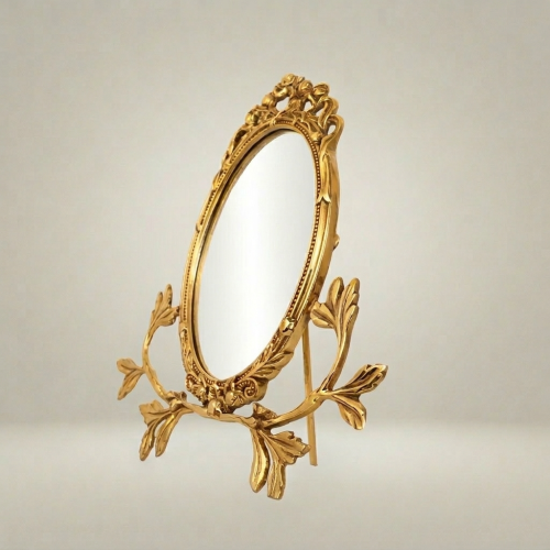Rococo Oval Brass Vanity Mirror Ornate Acanthus Branch Stand Brass and Wood Gold Front | Brass & Wood