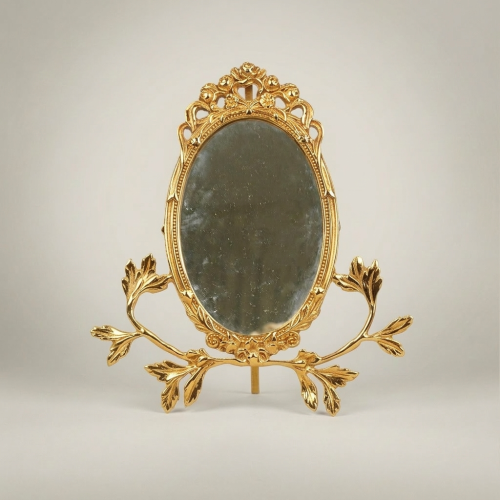Rococo Brass Oval Vanity Mirror with Acanthus Leaf Stand & Cherub Crown