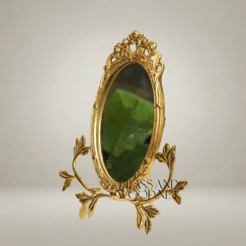 Rococo Brass Oval Vanity Mirror with Acanthus Leaf Stand & Cherub Crown