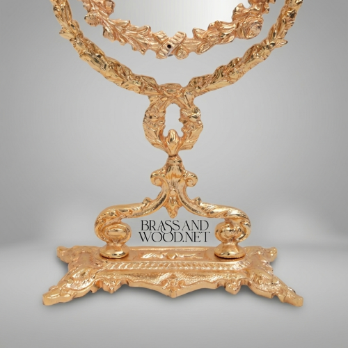 Rococo Brass Oval Vanity Mirror on Pedestal Stand - Floral Acanthus Frame