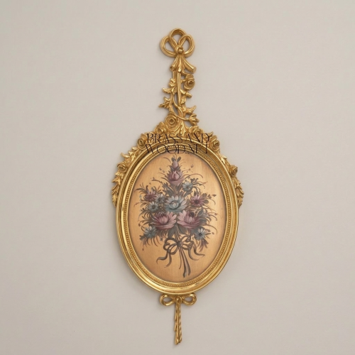 Rococo Brass Oval Wall Plaque Floral Art Print Ribbon Crest Ornate Frame Brass and Wood Gold Front | Brass & Wood