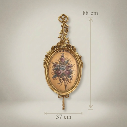 Rococo Brass Oval Wall Plaque Floral Art Print Ribbon Crest Ornate Frame Brass and Wood Gold Front | Brass & Wood