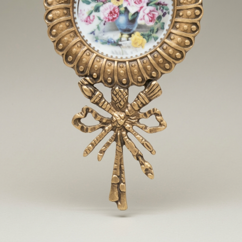 Rococo Brass Oval Wall Plate with Acanthus Crown & Bow Pendant - Hand-Painted Floral Ceramic Insert