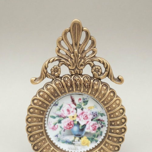 Rococo Brass Oval Wall Plate with Acanthus Crown & Bow Pendant - Hand-Painted Floral Ceramic Insert