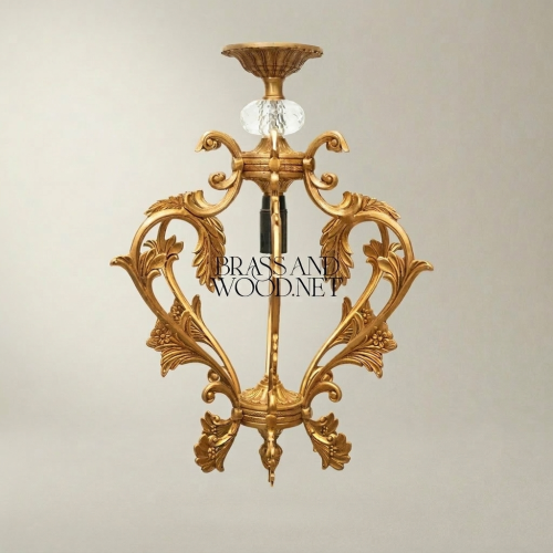 Rococo Hand-Cast Brass Pendant Light Acanthus Crown Frame Crystal Accent Brass and Wood Gold Front | Brass & Wood