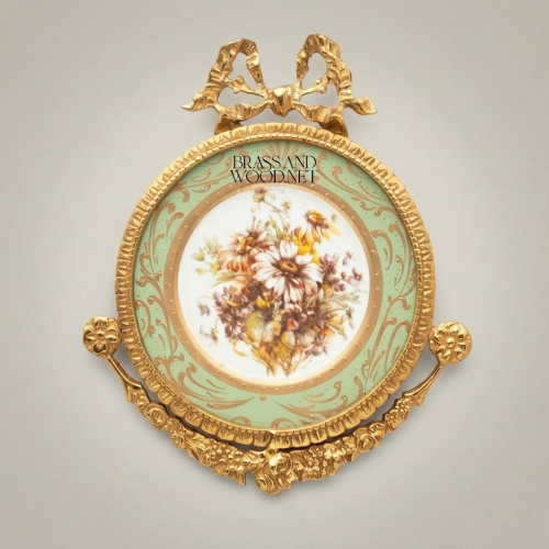 Rococo Circular Brass Porcelain Wall Frame Floral Medallion Ribbon Bow Crest Brass and Wood Gold Front | Brass & Wood
