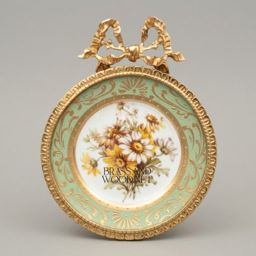 Rococo Circular Brass Porcelain Wall Frame Floral Medallion Ribbon Bow Crest Brass and Wood Gold Front | Brass & Wood