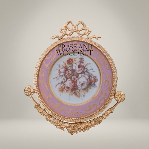 Rococo Circular Brass Porcelain Wall Plate Ribbon Crest Floral Bouquet Brass and Wood Gold Front | Brass & Wood
