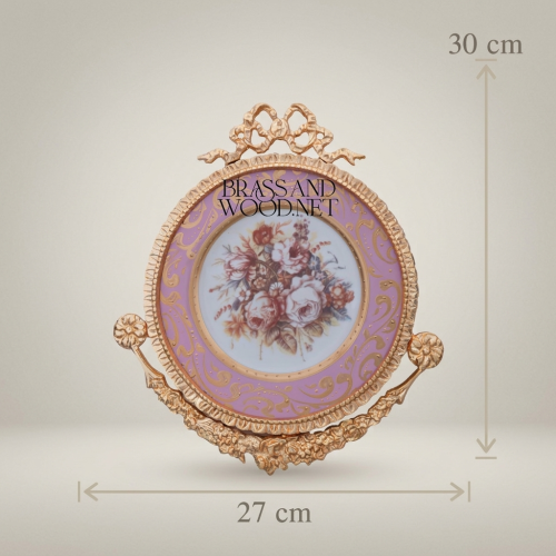 Rococo Circular Brass Porcelain Wall Plate Ribbon Crest Floral Bouquet Brass and Wood Gold Front | Brass & Wood