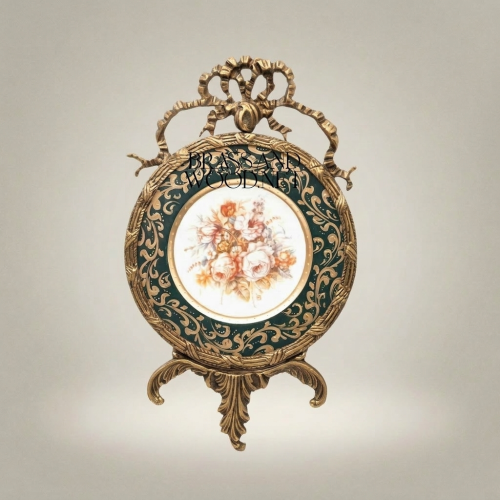Rococo Brass & Porcelain Decorative Wall Plate - Floral Centre with Ribbon Crest