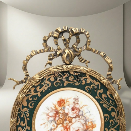Rococo Brass & Porcelain Decorative Wall Plate - Floral Centre with Ribbon Crest