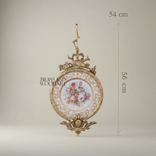 Rococo Brass & Porcelain Decorative Hanging Plate – Floral Bouquet Medallion with Ornate Frame