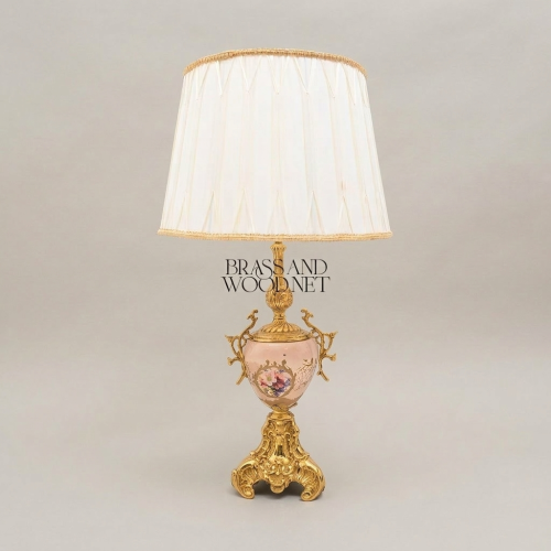 Rococo Brass Porcelain Table Lamp Hand-Painted Floral Urn Base Off-White Pleated Shade Brass and Wood Gold Front | Brass & Wood