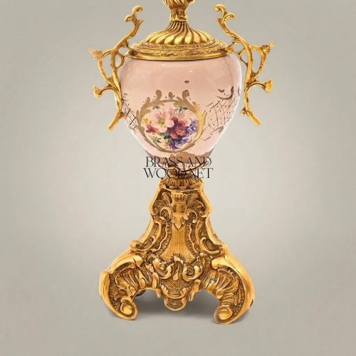 Rococo Brass Porcelain Table Lamp Hand-Painted Floral Urn Base Off-White Pleated Shade Brass and Wood Gold Front | Brass & Wood