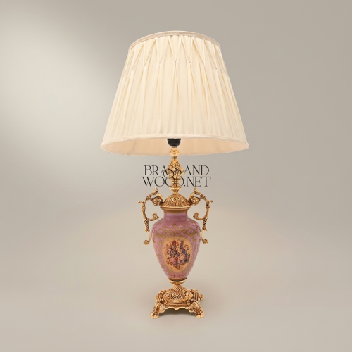 Rococo Brass Porcelain Urn Table Lamp with Floral Medallion and Ivory Pleated Shade - Brass and Wood Gold Front | Brass & Wood