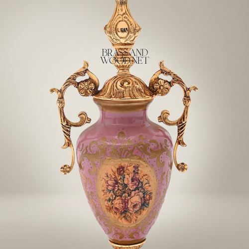 Rococo Brass Porcelain Urn Table Lamp with Floral Medallion and Ivory Pleated Shade - Brass and Wood Gold Front | Brass & Wood