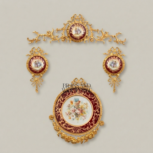 Rococo Brass Porcelain Wall Medallion Set Hand-Painted Floral Decor Brass and Wood Gold Front | Brass & Wood