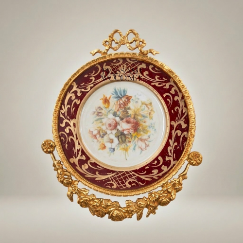 Rococo Brass Porcelain Wall Medallion Set Hand-Painted Floral Decor Brass and Wood Gold Front | Brass & Wood