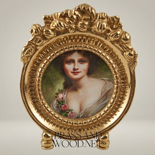 Rococo Brass Portrait Medallion Decorative Plate Ornate Floral Lady Oval Frame Gold Front | Brass & Wood