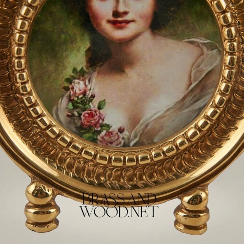 Rococo Brass Portrait Medallion Decorative Plate Ornate Floral Lady Oval Frame Gold Front | Brass & Wood