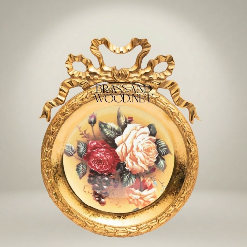 Rococo Brass Round Decorative Plate with Bow Crown & Hand-Painted Rose Bouquet
