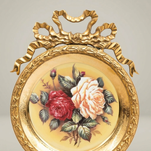 Rococo Brass Round Decorative Plate with Bow Crown & Hand-Painted Rose Bouquet