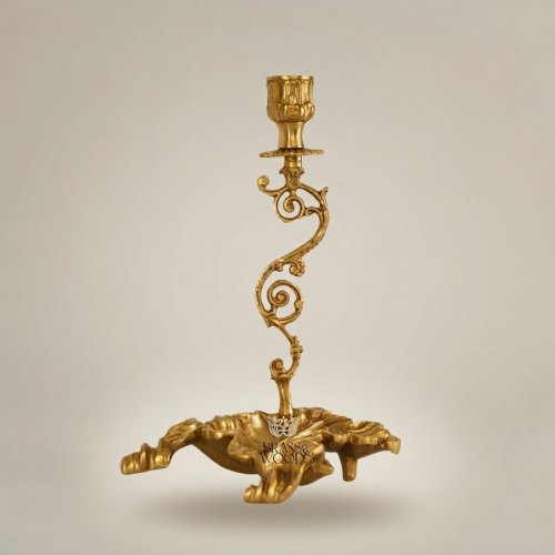 Rococo Brass Single-Arm Candlestick with Serpentine Scroll Stem & Shell Base