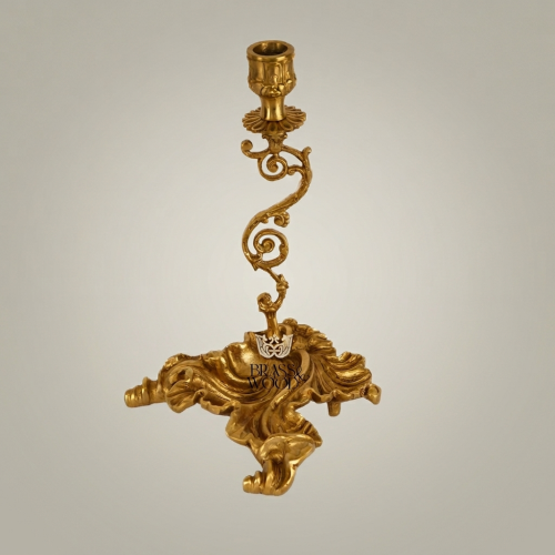 Rococo Brass Single-Arm Candlestick with Serpentine Scroll Stem & Shell Base