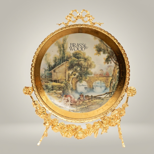Rococo Brass Standing Decorative Plate Set — Pastoral Scene Round Frame