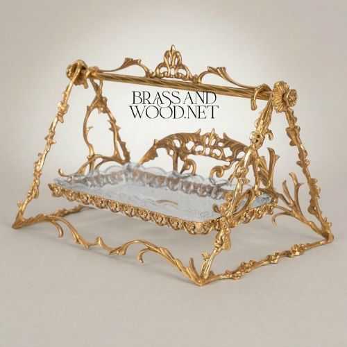 Rococo Brass Swing-Frame Decorative Stand with Crystal Tray - Openwork Acanthus & Floral Arch